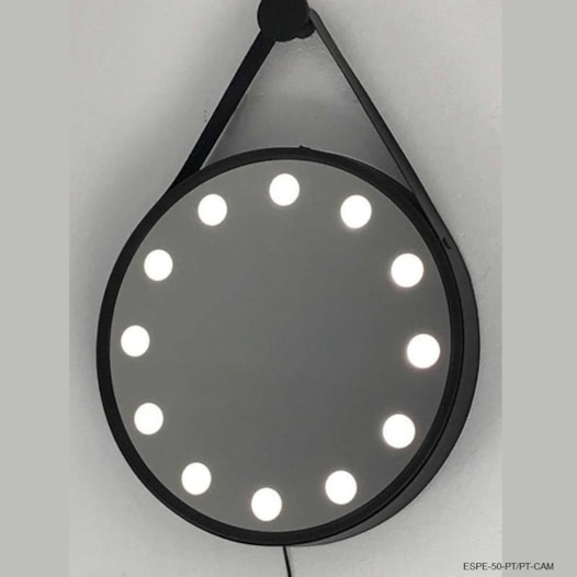 ESPELHO CAMARIM Ø60CM - BASE PRETO - CINTA DE COURO MARROM | DNA ESPE-60-PT-CAM ESPELHO CAMARIM Ø60CM - BASE PRETO - CINTA DE COURO MARROM | DNA ESPE-60-PT-CAM