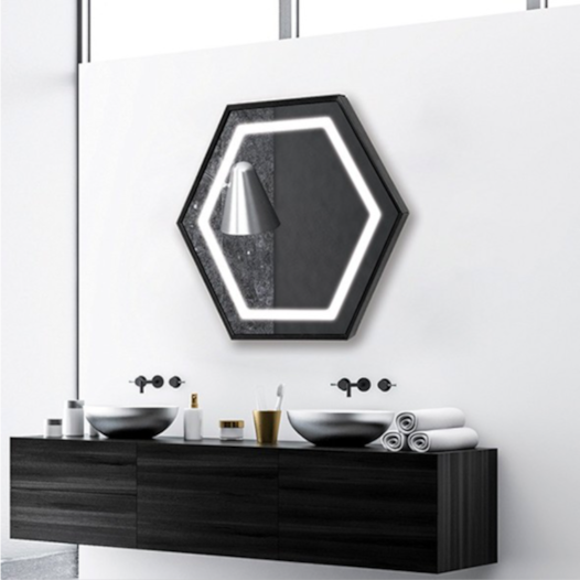 ESPELHO HEXAGONAL Ø80CM - BASE BRANCO COM LED | DNA ESPE-HEX-80-BR-LED 2700/4000K