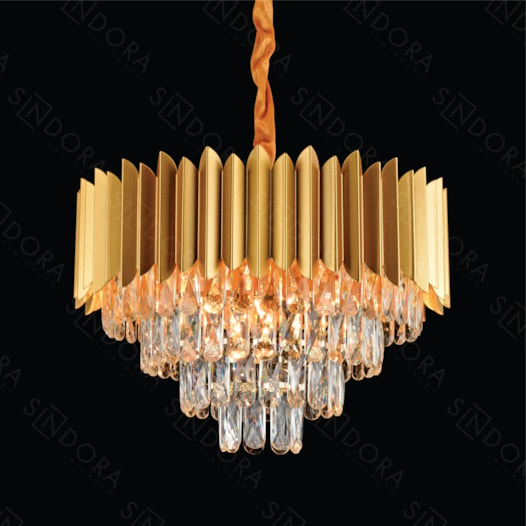 LUSTRE PENDENTE Ø50X35CM CRISTAL E METAL DOURADO E TRANSPARENTE | SINDORA ILUMINAÇÃO DCD00793