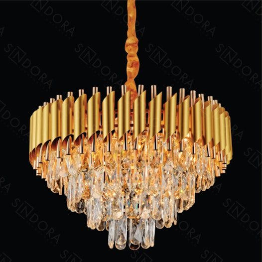 LUSTRE PENDENTE Ø50X35CM CRISTAL E METAL DOURADO E TRANSPARENTE | SINDORA ILUMINAÇÃO DCD00797