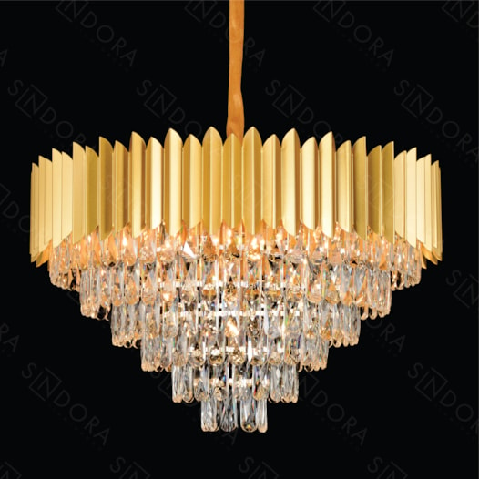 LUSTRE PENDENTE Ø70X45CM CRISTAL E METAL DOURADO E TRANSPARENTE | SINDORA ILUMINAÇÃO DCD00794