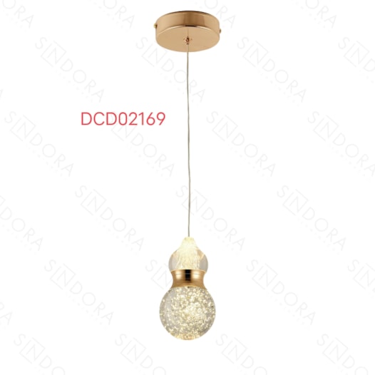 PENDENTE 9x15CM 5W 3000K 250LM BIVOLT METAL+CRISTAL DOURADO | SINDORA DCD02169