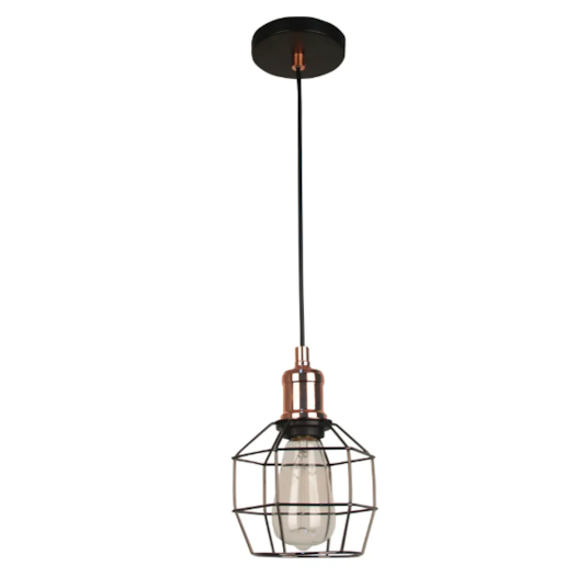 PENDENTE CAGE 1XE27 BIVOLT 15X20CM METAL COBRE E PRETO | BELLA ILUMINAÇÃO JY009