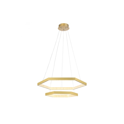 PENDENTE LED HEX SEXTAVADO DUPLO 3000K 50W METAL E ACRÍLICO DOURADO E TRANSP | BELLA ILUMINAÇÃO GD005 PENDENTE LED HEX SEXTAVADO DUPLO 3000K 50W METAL E ACRÍLICO DOURADO E TRANSP | BELLA ILUMINAÇÃO GD005