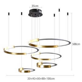 PENDENTE LED UOLI ANI 5MOD 5M AROS C/30/40//60/80/100CM 380W 3000K PRETO/OURO FOSCO | NORDECOR 2578