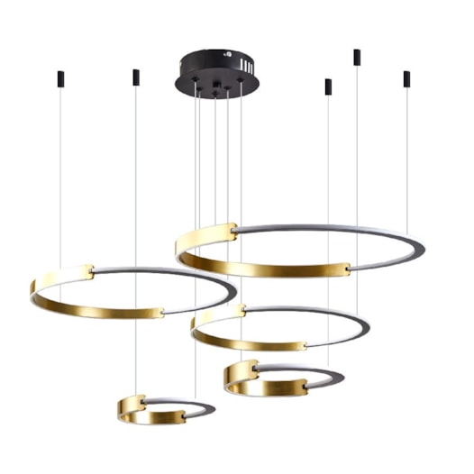 PENDENTE LED UOLI ANI 5MOD 5M AROS C/30/40//60/80/100CM 380W 3000K PRETO/OURO FOSCO | NORDECOR 2578