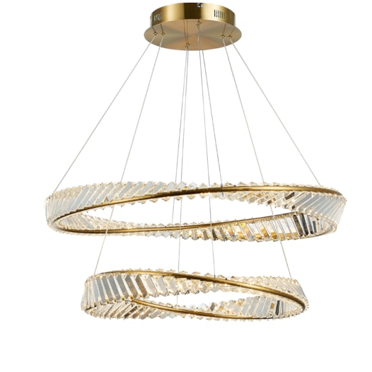 PENDENTE LED VOGUE 3000K 110W BIVOLT Ø80X60CM METAL E CRISTAL DOURADO | +LUZ PE-166/110.80DO PENDENTE LED VOGUE 3000K 110W BIVOLT Ø80X60CM METAL E CRISTAL DOURADO | +LUZ PE-166/110.80DO