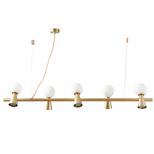 PENDENTE TEAS 5 DICROICA PAR16 5 HALOPIN 20X120CM METAL E VIDRO DOURADO FOSCO | NORDECOR 2469